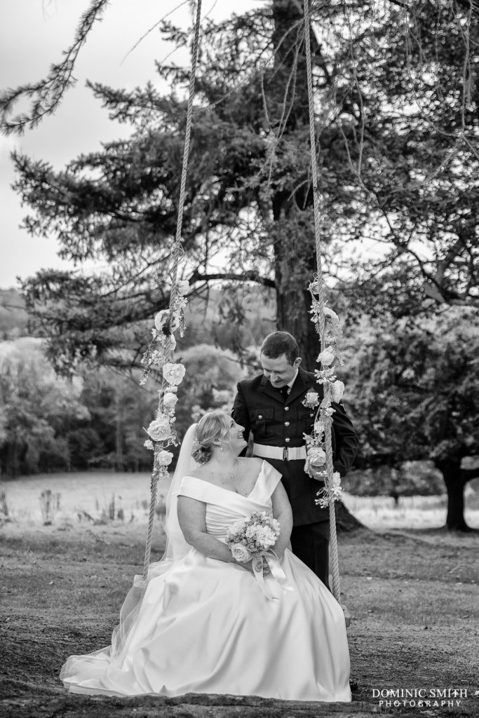 Black and White Wedding Couple Photo Taken on Highley Manor Swing