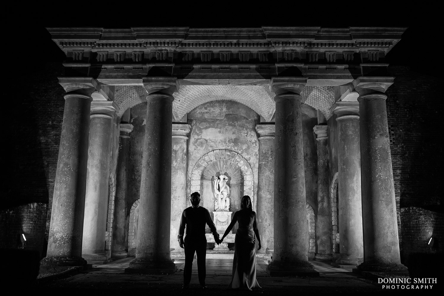Black and White Bridal Silhouette taken at night at Wotton House