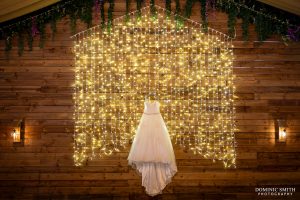 Wedding dress hanging at Southlands Barn