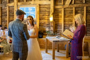 Bride and Groom during inside ceremony at Southlands Barn