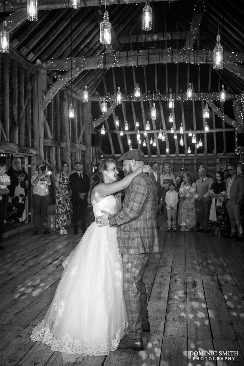Black and White First Dance Photo at Southlands Barn