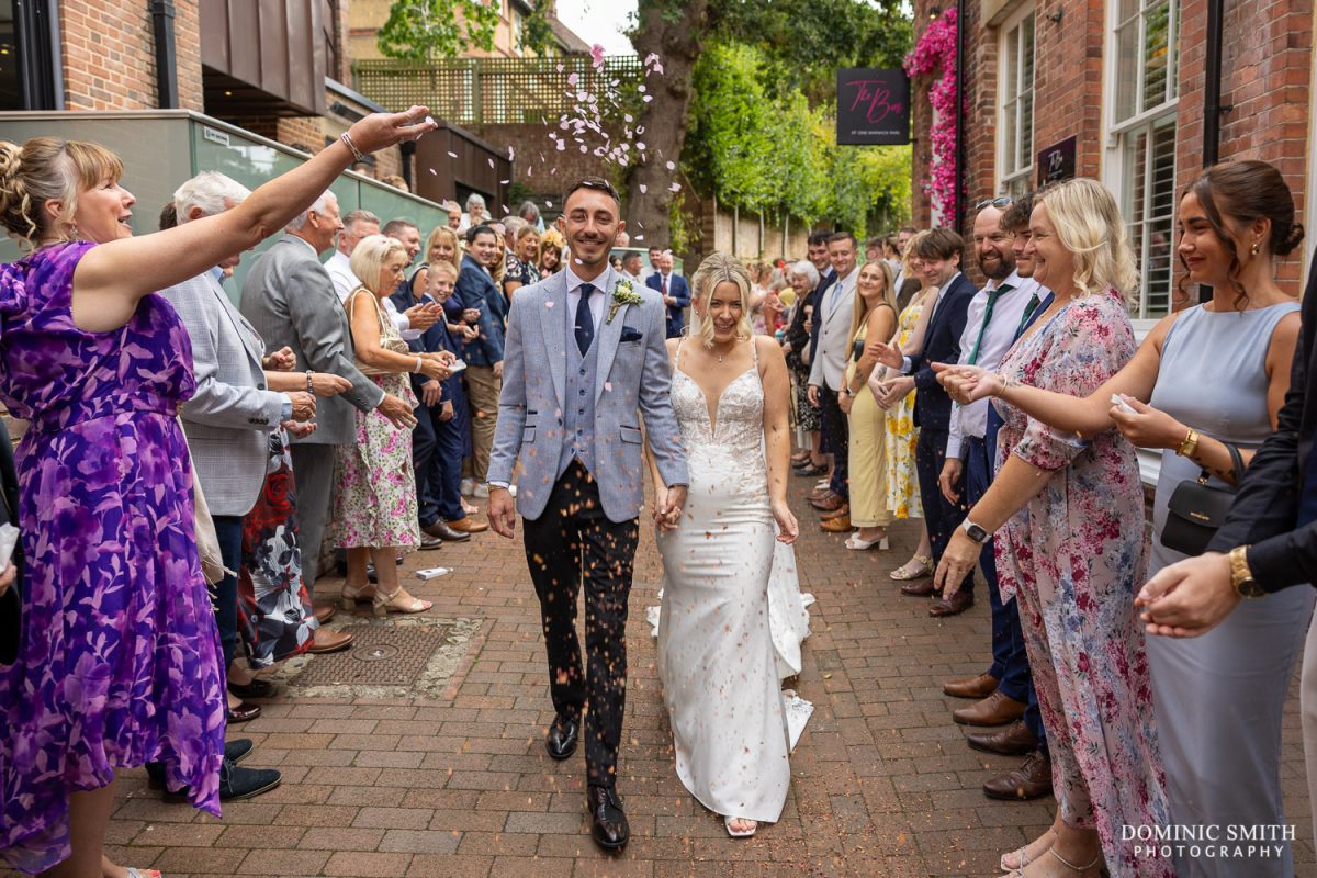 Bride and Groom during Confetti at One Warwick Park Hotel