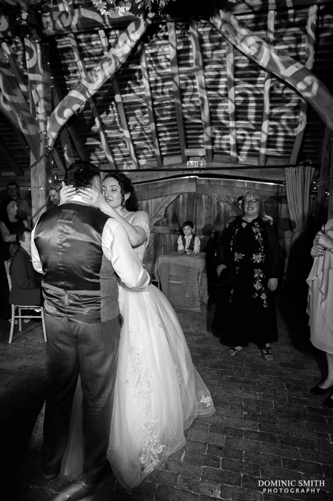 Black and White First Dance Photo at Gildings Barns